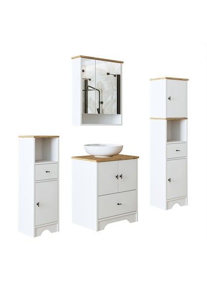 Lavabolu Banyo Dolabı Mat Beyaz Mdf 60 cm Çekmeceli Banyo Dolabı+Aynalı Üst Dolap+2 Adet Boy Dolap indirimleri