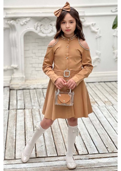 Kız Çocuk Omuzu ve Yakası Taş Işlemeli Kahverengi Elbise