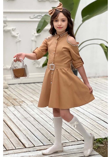 Kız Çocuk Omuzu ve Yakası Taş Işlemeli Kahverengi Elbise fiyatları