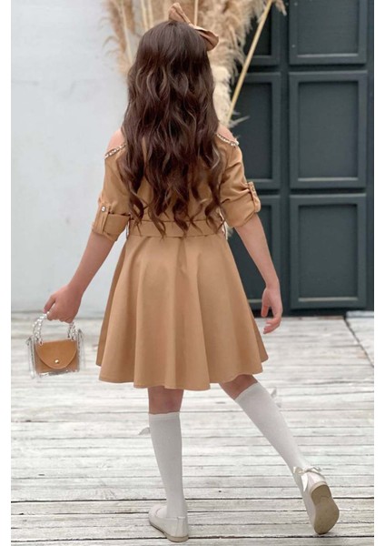 Kız Çocuk Omuzu ve Yakası Taş Işlemeli Kahverengi Elbise modelleri