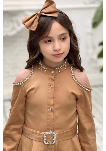 Kız Çocuk Omuzu ve Yakası Taş Işlemeli Kahverengi Elbise fırsatları