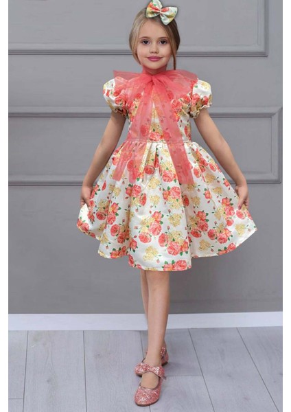 Kız Çocuk Çiçek Baskılı Yakası Transparan Fiyonk Detaylı Beyaz Elbise