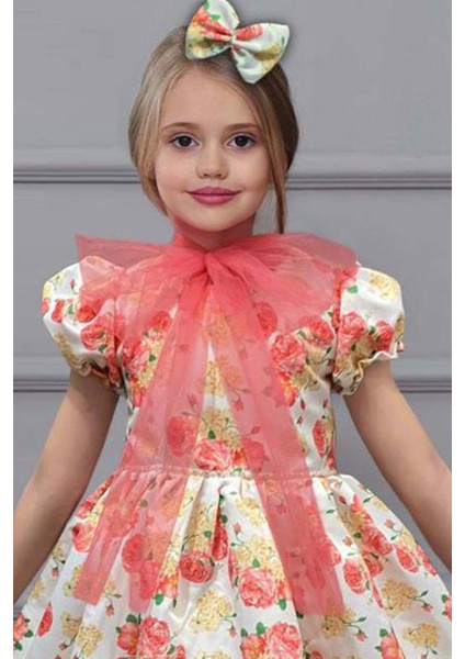 Kız Çocuk Çiçek Baskılı Yakası Transparan Fiyonk Detaylı Beyaz Elbise fiyatları