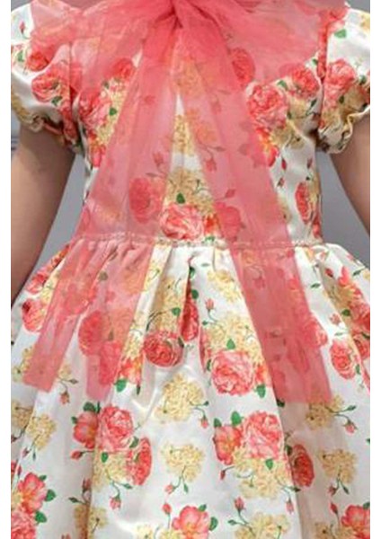 Kız Çocuk Çiçek Baskılı Yakası Transparan Fiyonk Detaylı Beyaz Elbise fırsatları