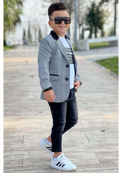 Erkek Çocuk Yazı Baskılı Tişört Cep Detaylı Kareli Blazer Ceket Siyah Jean Pantolon Alt Üst Takım fiyatları