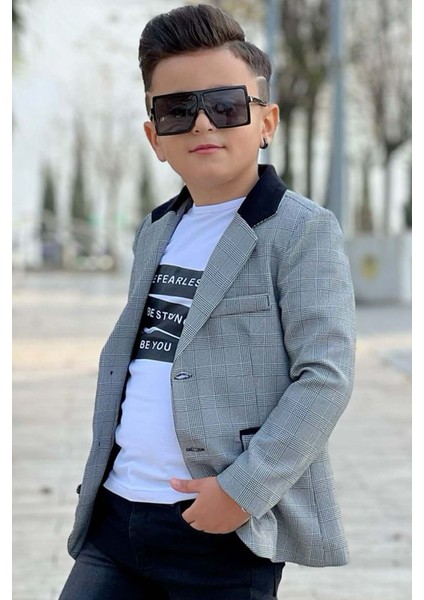 Erkek Çocuk Yazı Baskılı Tişört Cep Detaylı Kareli Blazer Ceket Siyah Jean Pantolon Alt Üst Takım fırsatları