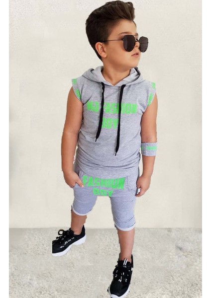 Erkek Çocuk Fashıon Boy Yazı Baskılı Kapişonlu Kolsuz Sweatshirt Gri Şortlu Takım