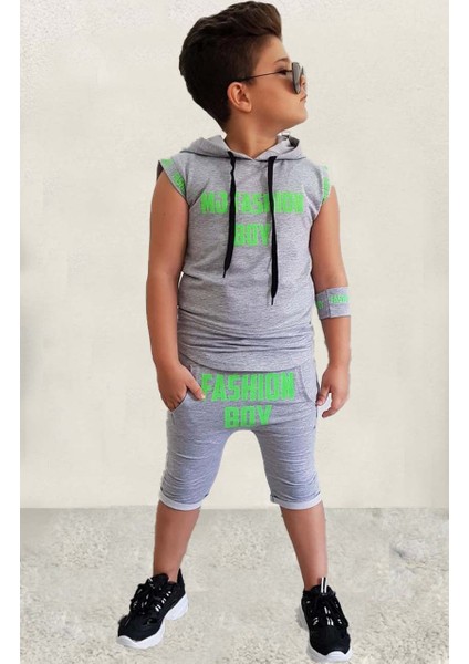 Erkek Çocuk Fashıon Boy Yazı Baskılı Kapişonlu Kolsuz Sweatshirt Gri Şortlu Takım fiyatları