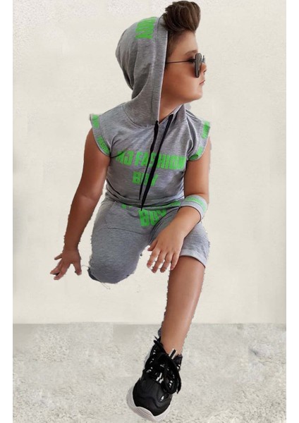 Erkek Çocuk Fashıon Boy Yazı Baskılı Kapişonlu Kolsuz Sweatshirt Gri Şortlu Takım indirimleri