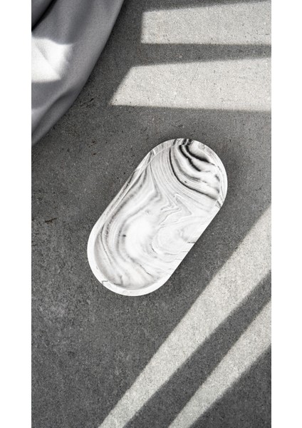 Dekoratif Mermer Görünümlü Siyah Beton Mum,Takı ve Saksı Altlığı Oval Tepsi