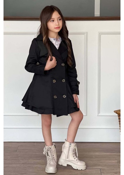 Kız Çocuk Çiçek Desenli Piliseli Siyah Trençkotlu Elbise fiyatları