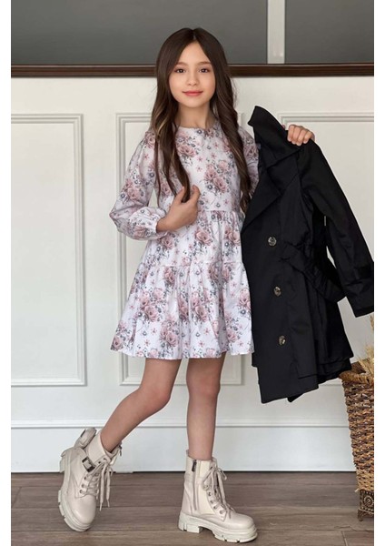 Kız Çocuk Çiçek Desenli Piliseli Siyah Trençkotlu Elbise modelleri
