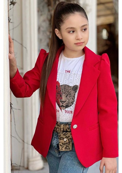 Kız Çocuk Leopar Yazı ve Digital Baskılı Tişört Bol Kesim Pantolon Kırmızı Blazer Ceket Alt Üst Takım fırsatları