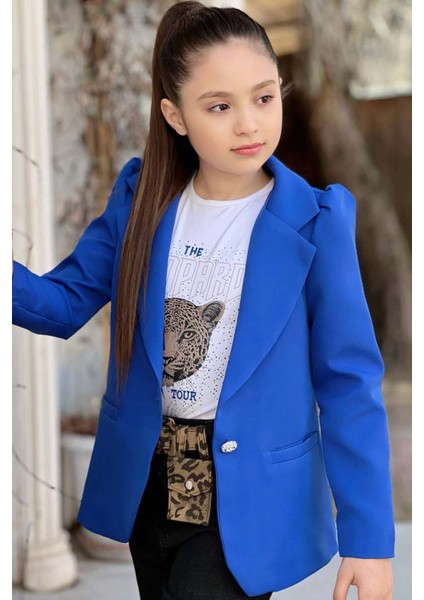 Kız Çocuk Leopar Yazı ve Digital Baskılı Tişört Bol Kesim Pantolon Mavi Blazer Ceket Alt Üst Takım