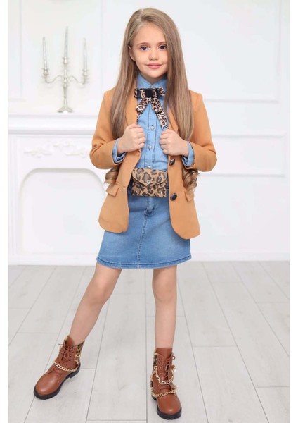 Kız Çocuk Leopar Desenli Fiyonk Detaylı Kot Gömlek Kahverengi Blazer Ceket Etekli Takım