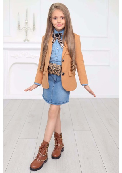 Kız Çocuk Leopar Desenli Fiyonk Detaylı Kot Gömlek Kahverengi Blazer Ceket Etekli Takım fiyatları