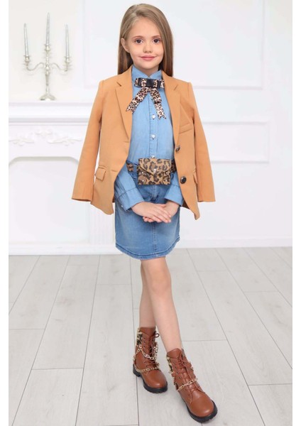 Kız Çocuk Leopar Desenli Fiyonk Detaylı Kot Gömlek Kahverengi Blazer Ceket Etekli Takım modelleri