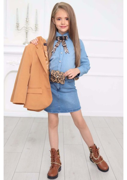 Kız Çocuk Leopar Desenli Fiyonk Detaylı Kot Gömlek Kahverengi Blazer Ceket Etekli Takım fırsatları