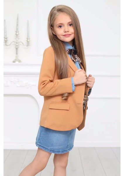 Kız Çocuk Leopar Desenli Fiyonk Detaylı Kot Gömlek Kahverengi Blazer Ceket Etekli Takım indirimleri