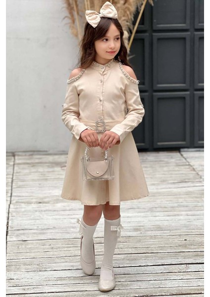 Kız Çocuk Omuzu ve Yakası Taş Işlemeli Bej Kot Elbise