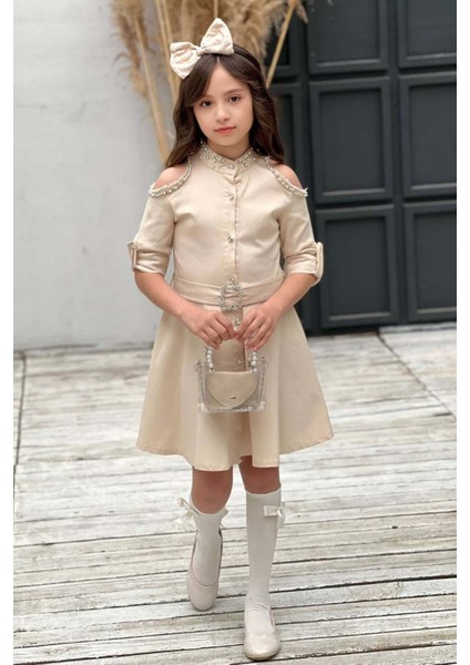 Kız Çocuk Omuzu ve Yakası Taş Işlemeli Bej Kot Elbise fiyatları