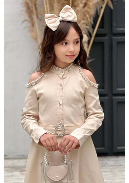 Kız Çocuk Omuzu ve Yakası Taş Işlemeli Bej Kot Elbise fırsatları