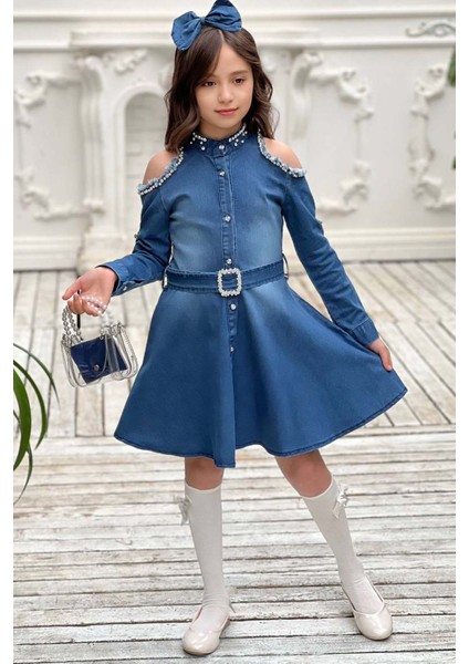 Kız Çocuk Omuzu ve Yakası Taş Işlemeli Lacivert Kot Elbise