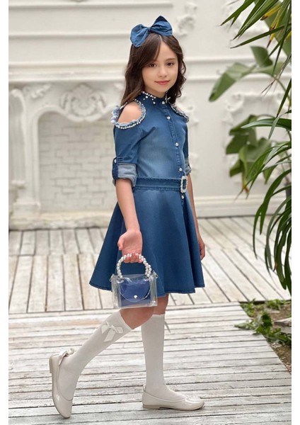 Kız Çocuk Omuzu ve Yakası Taş Işlemeli Lacivert Kot Elbise fiyatları