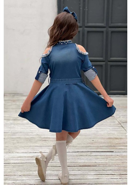 Kız Çocuk Omuzu ve Yakası Taş Işlemeli Lacivert Kot Elbise modelleri