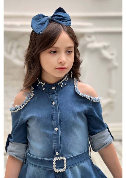 Kız Çocuk Omuzu ve Yakası Taş Işlemeli Lacivert Kot Elbise fırsatları