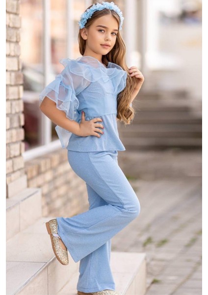 Kız Çocuk Kolları ve Yakası Transparan Tül Şerit Detaylı Üzeri Simli Mavi Alt Üst Takım