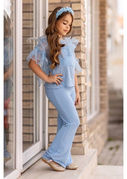 Kız Çocuk Kolları ve Yakası Transparan Tül Şerit Detaylı Üzeri Simli Mavi Alt Üst Takım fiyatları
