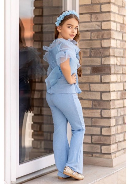 Kız Çocuk Kolları ve Yakası Transparan Tül Şerit Detaylı Üzeri Simli Mavi Alt Üst Takım modelleri