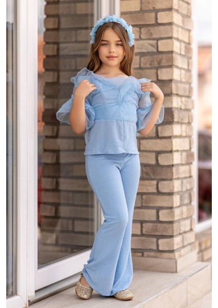 Kız Çocuk Kolları ve Yakası Transparan Tül Şerit Detaylı Üzeri Simli Mavi Alt Üst Takım fırsatları