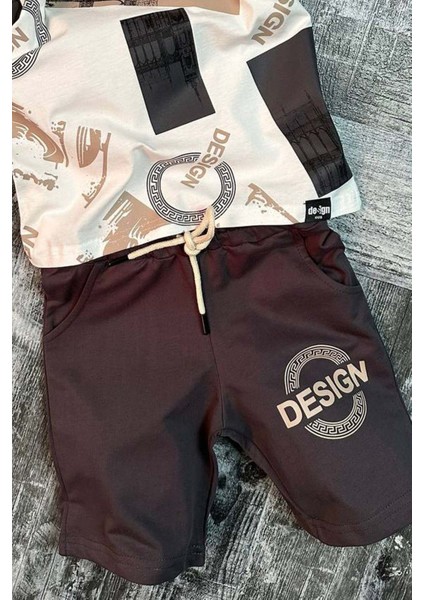 Erkek Çocuk Design Yazı Baskılı Kısa Kol Beyaz Tişört Şortlu Takım