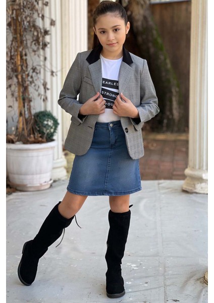 Kız Çocuk Yazı Baskılı Tişört Cep Detaylı Kareli Blazer Ceket Mavi Jean Etekli Takım