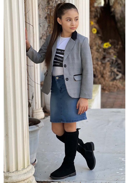 Kız Çocuk Yazı Baskılı Tişört Cep Detaylı Kareli Blazer Ceket Mavi Jean Etekli Takım fiyatları