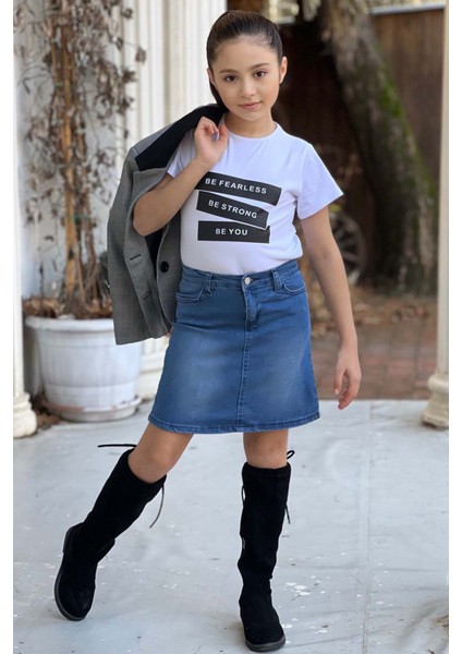 Kız Çocuk Yazı Baskılı Tişört Cep Detaylı Kareli Blazer Ceket Mavi Jean Etekli Takım modelleri