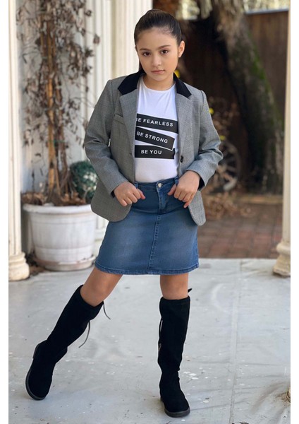 Kız Çocuk Yazı Baskılı Tişört Cep Detaylı Kareli Blazer Ceket Mavi Jean Etekli Takım indirimleri