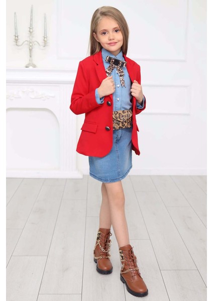 Kız Çocuk Leopar Desenli Fiyonk Detaylı Kot Gömlek Kırmızı Blazer Ceket Etekli Takım