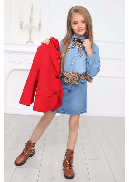 Kız Çocuk Leopar Desenli Fiyonk Detaylı Kot Gömlek Kırmızı Blazer Ceket Etekli Takım modelleri