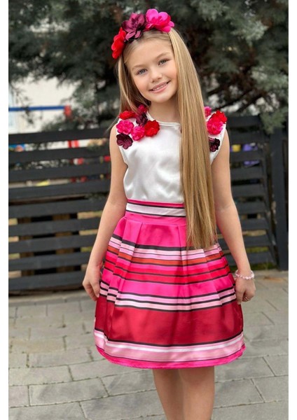 Kız Çocuk Sıfır Kol Üzeri 3D Gül Işlemeli Bluz Renkli Şerit Detaylı Fuşya Etekli Takım fiyatları