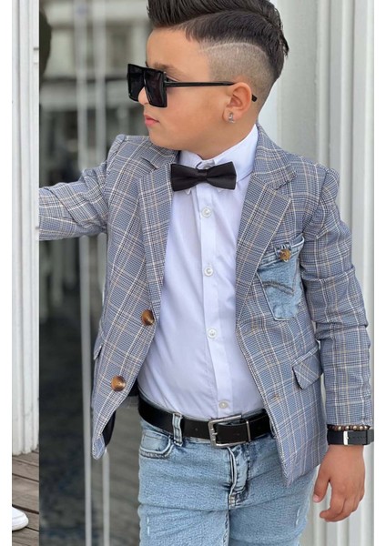 Erkek Çocuk Çizgili Blazer Ceket Kot Pantolon Füme Alt Üst Takım fiyatları