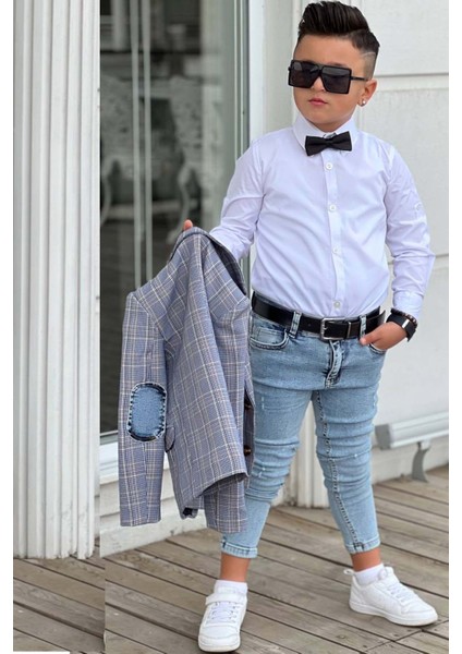 Erkek Çocuk Çizgili Blazer Ceket Kot Pantolon Füme Alt Üst Takım modelleri