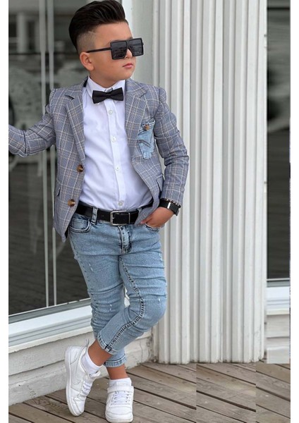 Erkek Çocuk Çizgili Blazer Ceket Kot Pantolon Füme Alt Üst Takım fırsatları