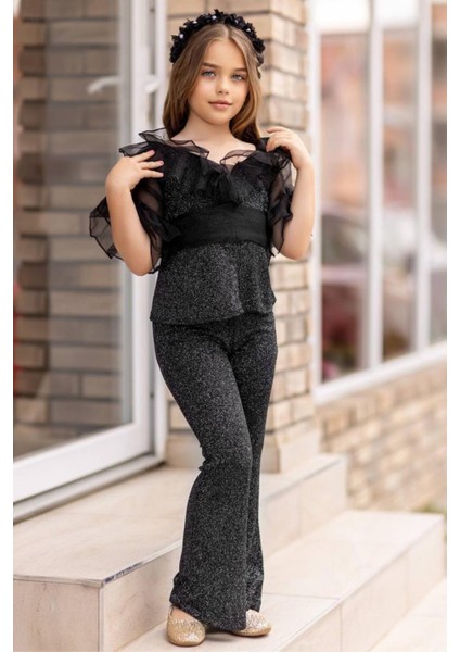 Kız Çocuk Kolları ve Yakası Transparan Tül Şerit Detaylı Üzeri Simli Siyah Alt Üst Takım