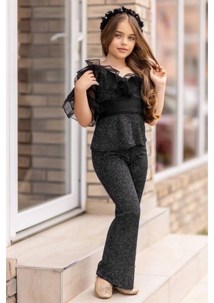 Kız Çocuk Kolları ve Yakası Transparan Tül Şerit Detaylı Üzeri Simli Siyah Alt Üst Takım modelleri