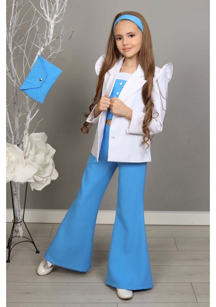 Kız Çocuk Zincir ve Omuzu Fırfırlı Blazer Ceket ve Ispanyol Paça Mavi Pantolon Alt Üst Takım fiyatları