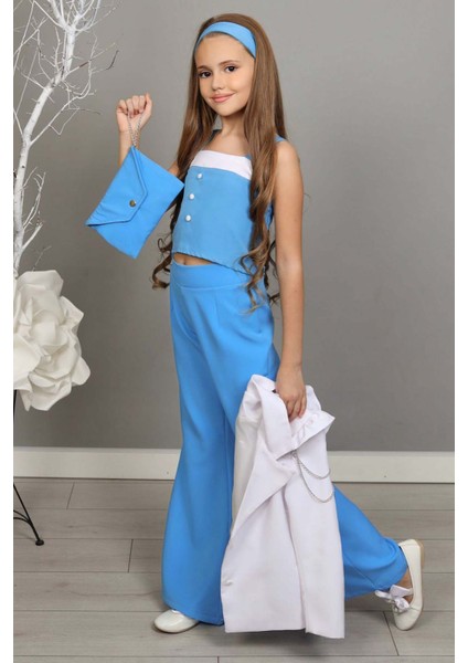 Kız Çocuk Zincir ve Omuzu Fırfırlı Blazer Ceket ve Ispanyol Paça Mavi Pantolon Alt Üst Takım modelleri
