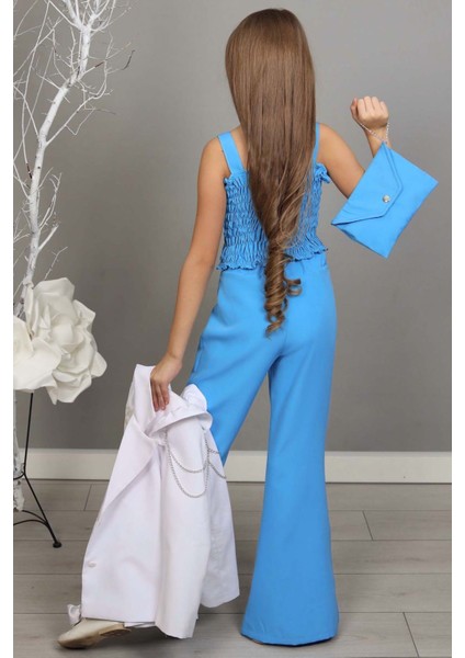 Kız Çocuk Zincir ve Omuzu Fırfırlı Blazer Ceket ve Ispanyol Paça Mavi Pantolon Alt Üst Takım fırsatları